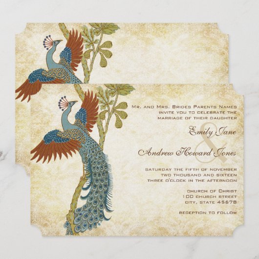 Invitation Art Nouveau Art Déco Peacock Birds Mariage (Devant / Derrière)