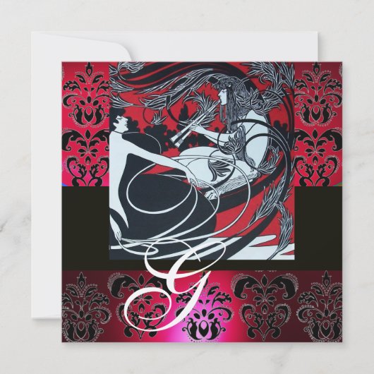 INVITATION ART NOUVEAU CHAMPAGNE NOIR ROUGE DAMASK MONOGRAM (Devant)