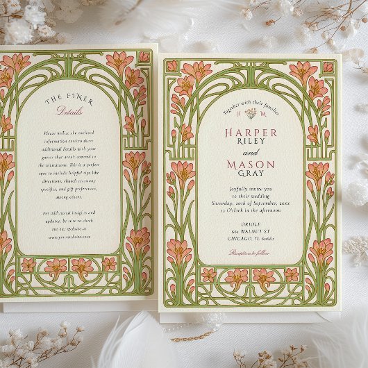 Invitation Art Nouveau Coral Lily Mariage architectural