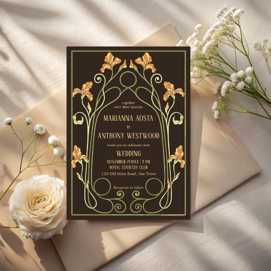 Invitation Art nouveau dark brown elegant wedding