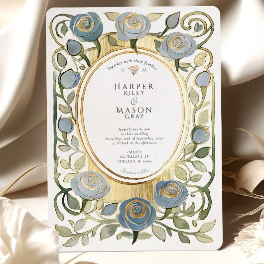 Invitation Art Nouveau Dusty Blue & Gold Roses Wedding
