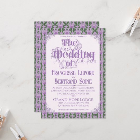 Invitation Art Nouveau Elegant Thistle Lilac (Devant/Arrière en situation)