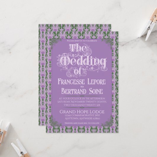 Invitation Art Nouveau Elegant Thistle Royal Lavender (Devant/Arrière en situation)