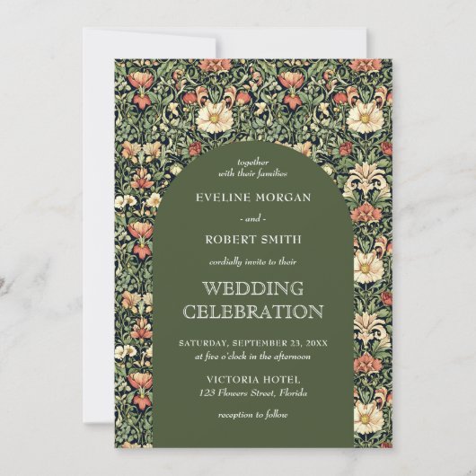 Invitation Art Nouveau fleuri tendance William Morris mariage (Devant)
