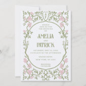 Invitation Art Nouveau Floral Vert et rose Mariage (Devant)