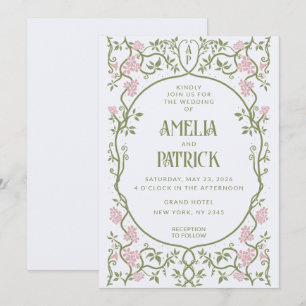 Invitation Art Nouveau Floral Vert et rose Mariage