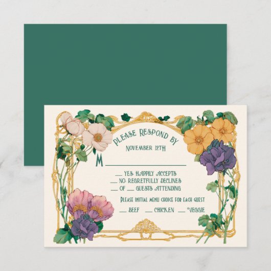 Invitation Art Nouveau Floral Wedding RSVP response card (Devant / Derrière)