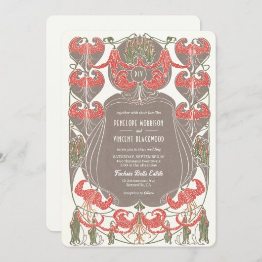 Invitation Art Nouveau Fuchsia Elegance Mariage (Devant / Derrière)