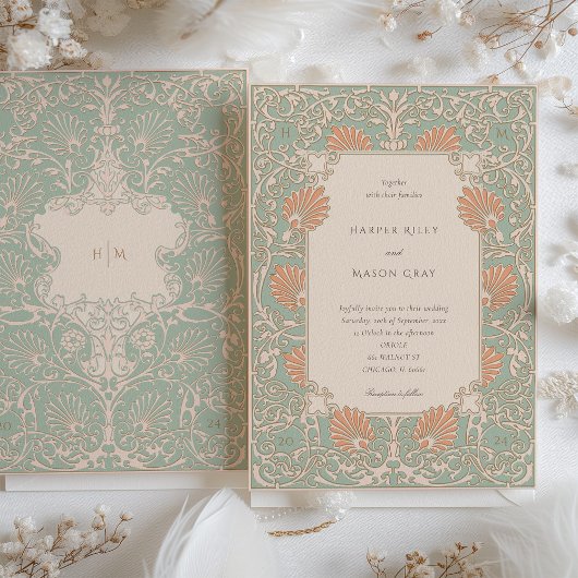Invitation Art nouveau intemporel Seafoam et Peach Mariage
