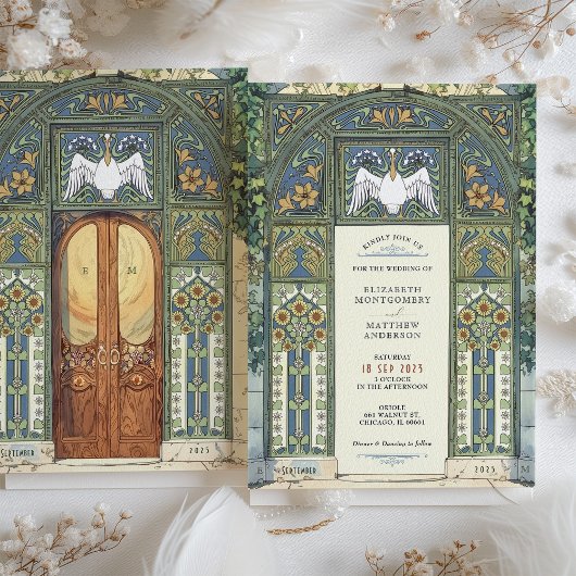 Invitation Art Nouveau Mariage Bleu, Or, Arc Vert