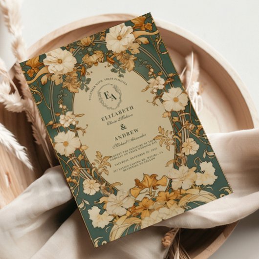 Invitation Art Nouveau Mariage d'Arc Botanique Or