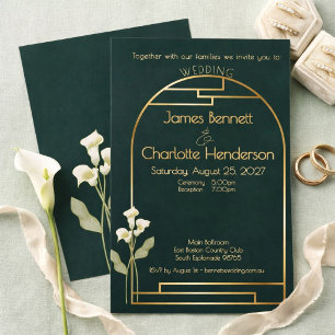 Invitation Art Nouveau Minimaliste Arc en Or Lys Vert Mariage