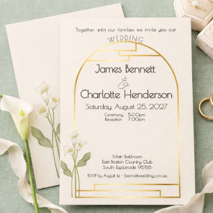 Invitation Art Nouveau minimaliste Arceau en or Lys de calla 