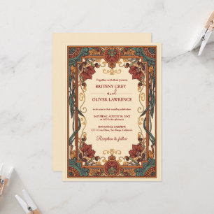 Invitation Art Nouveau Mucha vintage bordeaux Fleurs Mariage