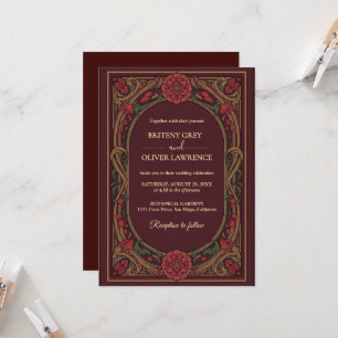 Invitation Art Nouveau Mucha vintage burgundy Fleurs Mariage