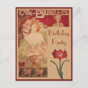 Invitation Art nouveau Red Amaryllis & Lady Birthday Party