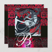 Invitation ART NOUVEAU ROUGE NOIR BLANC DAMASSÉ MONOGRAMME, r (Devant / Derrière)