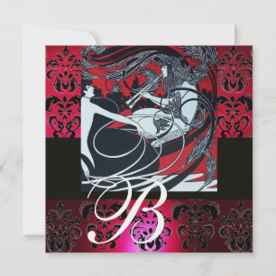 Invitation ART NOUVEAU ROUGE NOIR BLANC DAMASSÉ MONOGRAMME ,r