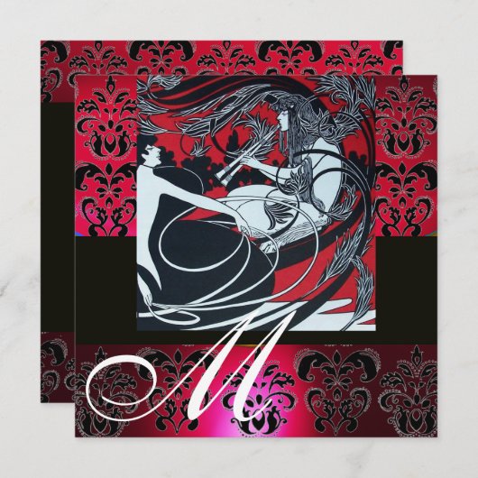 Invitation ART NOUVEAU ROUGE NOIR BLANC DOMMASQUE MONOGRAM, r (Devant / Derrière)