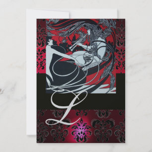 INVITATION ART NOUVEAU ROUGE NOIR CHAMPAGNE DAMASSÉ MONOGRAMM