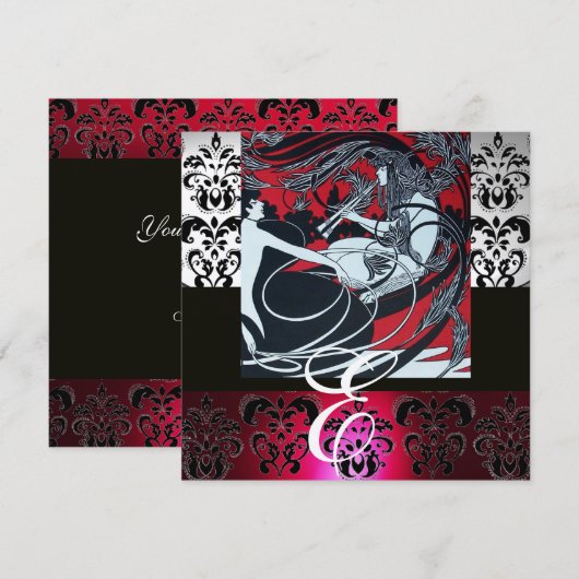 INVITATION ART NOUVEAU ROUGE NOIR GRIS ARGENT DAMASSÉ MONOGRA (Devant / Derrière)