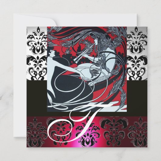 INVITATION ART NOUVEAU ROUGE NOIR GRIS BLANC DAMASSÉ MONOGRAM (Devant)