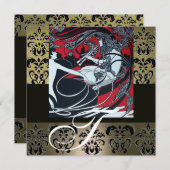 INVITATION ART NOUVEAU ROUGE NOIR GRIS BLANC DAMASSÉ MONOGRAM (Devant / Derrière)