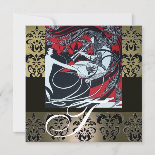 INVITATION ART NOUVEAU ROUGE NOIR GRIS BLANC DAMASSÉ MONOGRAM (Devant)