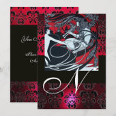 Invitation ART NOUVEAU ROUGE NOIR OR DAMASSÉ MONOGRAMME ,rubi (Devant / Derrière)