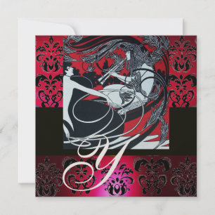 Invitation ART NOUVEAU ROUGE NOIR OR DAMASSÉ MONOGRAMME, rubi