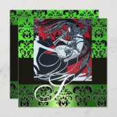 INVITATION ART NOUVEAU ROUGE NOIR VERT BLANC DAMASSÉ MONOGRAM (Devant / Derrière)