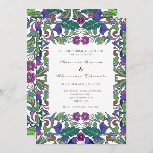 Invitation Art Nouveau style vintage mariage à fleurs (Devant / Derrière)