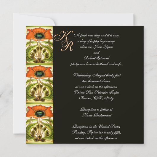 INVITATION ART NOUVEAU STYLISÉ VERT ROUGE POPPY GEM MONOGRAM (Dos)