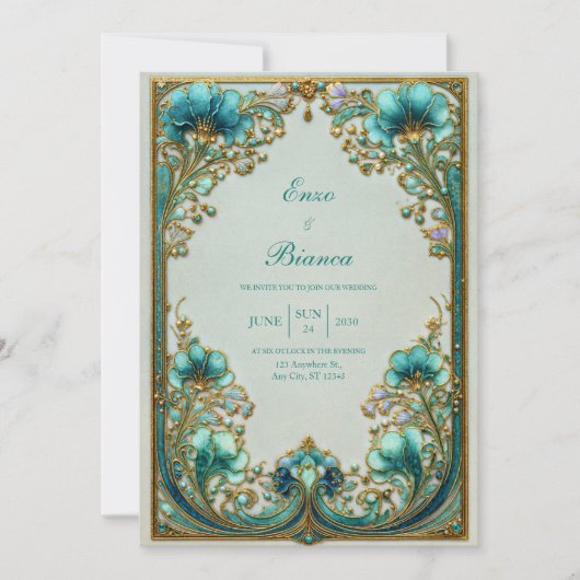 Invitation Art Nouveau Turquoise Floral Gilded Wedding (Devant)