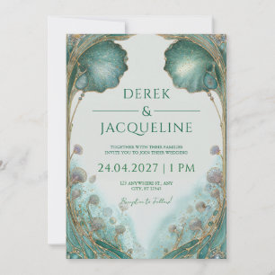 Invitation Art Nouveau Turquoise & Gold Floral Mariage