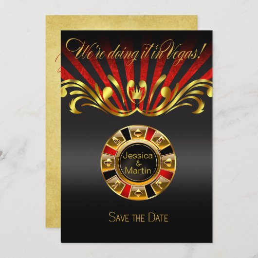 Invitation Art Nouveau Vegas Enregistrez la Date | or rouge (Devant / Derrière)