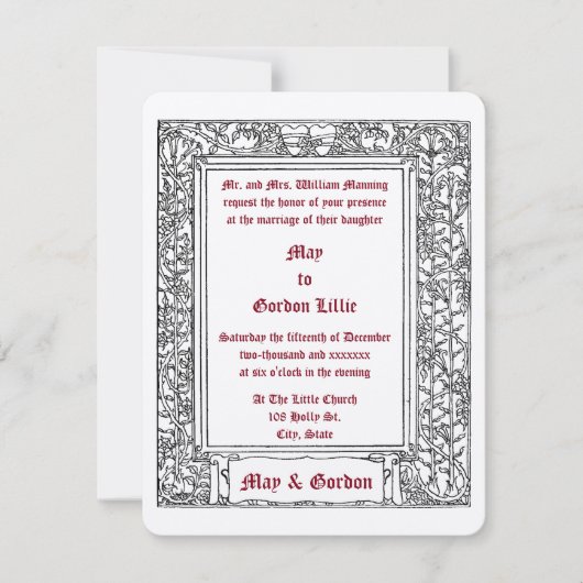 Invitation Art Nouveau Vin Floral Frontière & Coeurs Mariage (Devant)