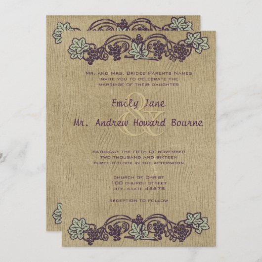 Invitation Art Nouveau Woodgrain Vintage Vignoble Mariage (Devant / Derrière)