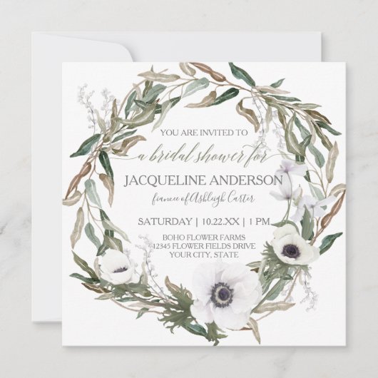 Invitation Art olive de guirlande de feuille d'anémone (Devant)