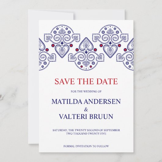 Invitation Art populaire nordique Scandi mariage naval à l'éc (Devant)