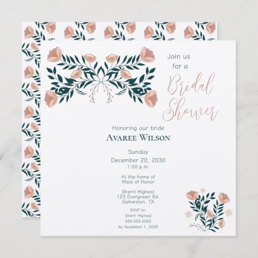 Invitation Art populaire rose et Turquoise Floral (Devant / Derrière)