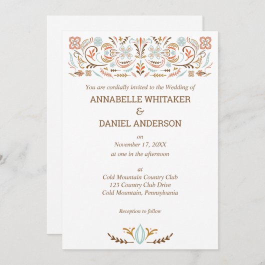 Invitation Art populaire scandinave Automne couleurs Mariage (Devant / Derrière)