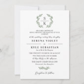 Invitation Artichoke Green Laurel Wreath Monogram Mariage (Devant)