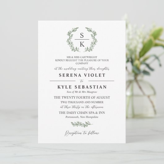 Invitation Artichoke Green Laurel Wreath Monogram Mariage (Debout devant)