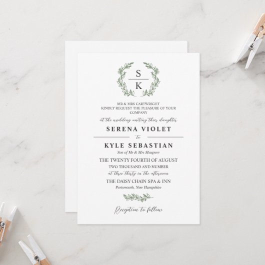 Invitation Artichoke Green Laurel Wreath Monogram Mariage (Devant/Arrière en situation)