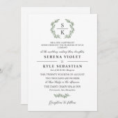 Invitation Artichoke Green Laurel Wreath Monogram Mariage (Devant / Derrière)