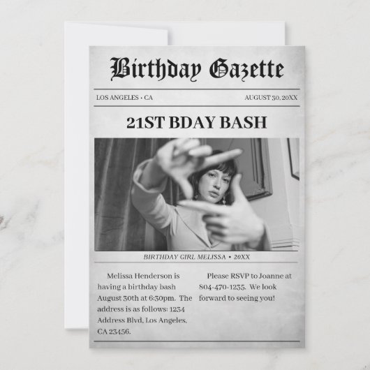 Invitation Article journal fête d'anniversaire (Devant)