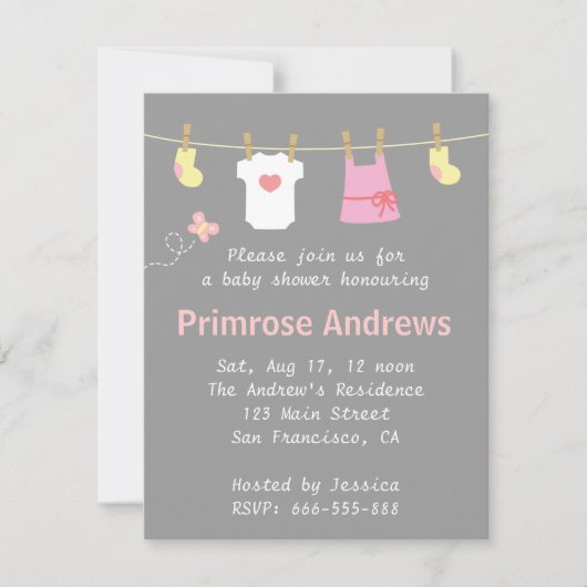 Invitation Articles mignons pour bébé fille sur la corde à li (Devant)