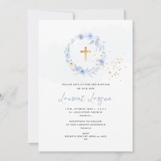Invitation ArtsApp Elegant H2 Dusty Blue Roses Baptême (Devant)