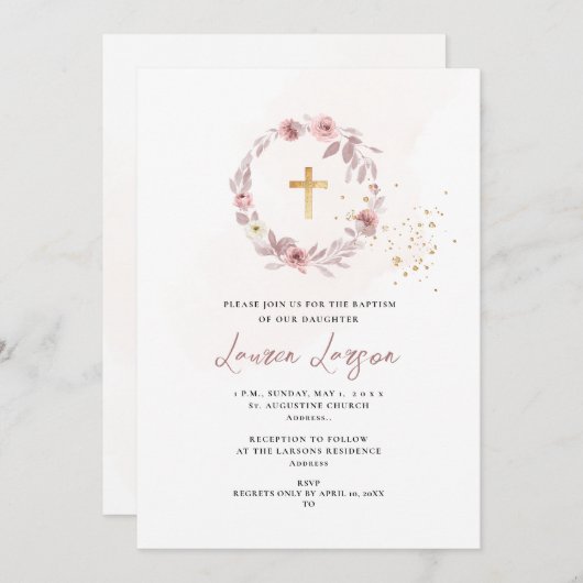 Invitation ArtsApp Elegant H2 Dusty Rose Roses Baptême (Devant / Derrière)